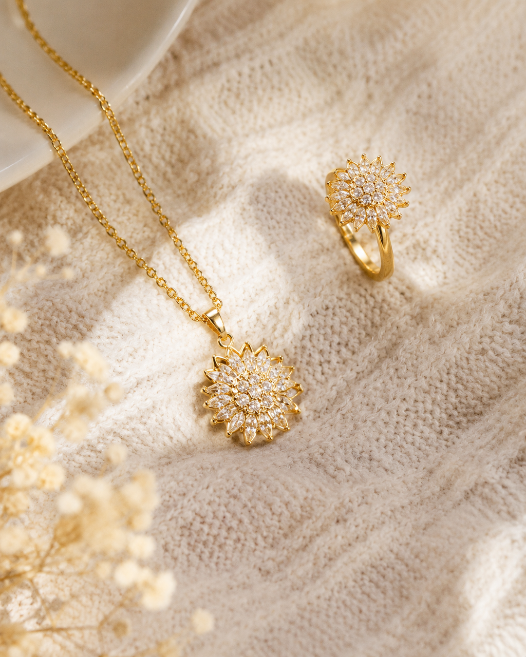 🌻✨ Set Girasol Brillante: Collar + Anillo ✨🌻