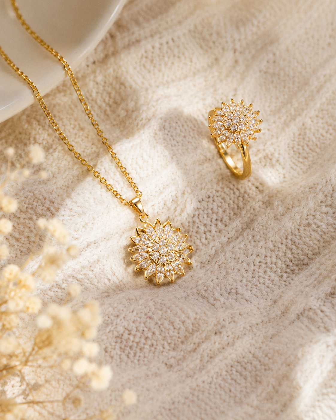 🌻✨ Set Girasol Brillante: Collar + Anillo ✨🌻